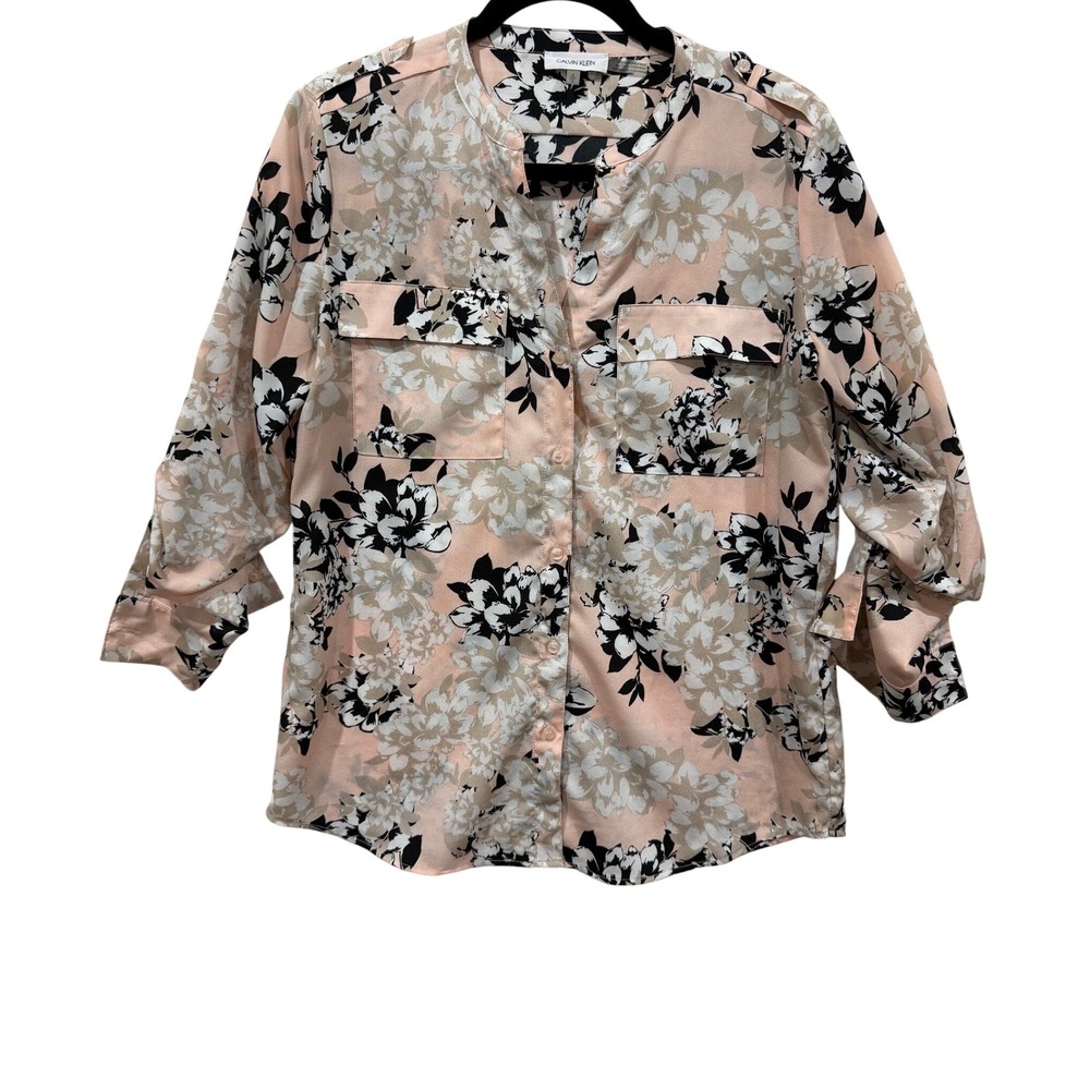 Calvin Klein Women's Pink Floral Print Button Front Shirt Size S Roll Tab Sleeve